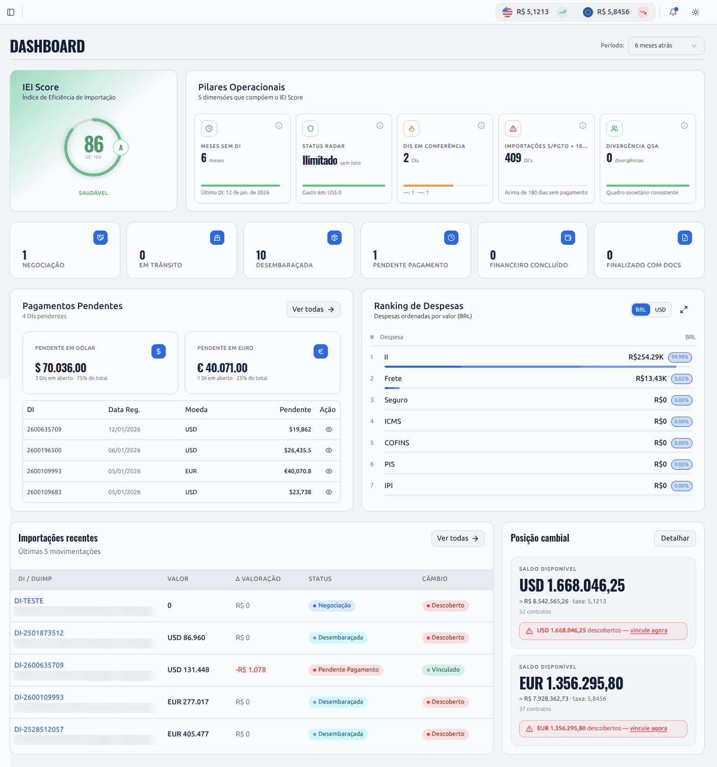 Dashboard do Vision com a posição cambial da operação