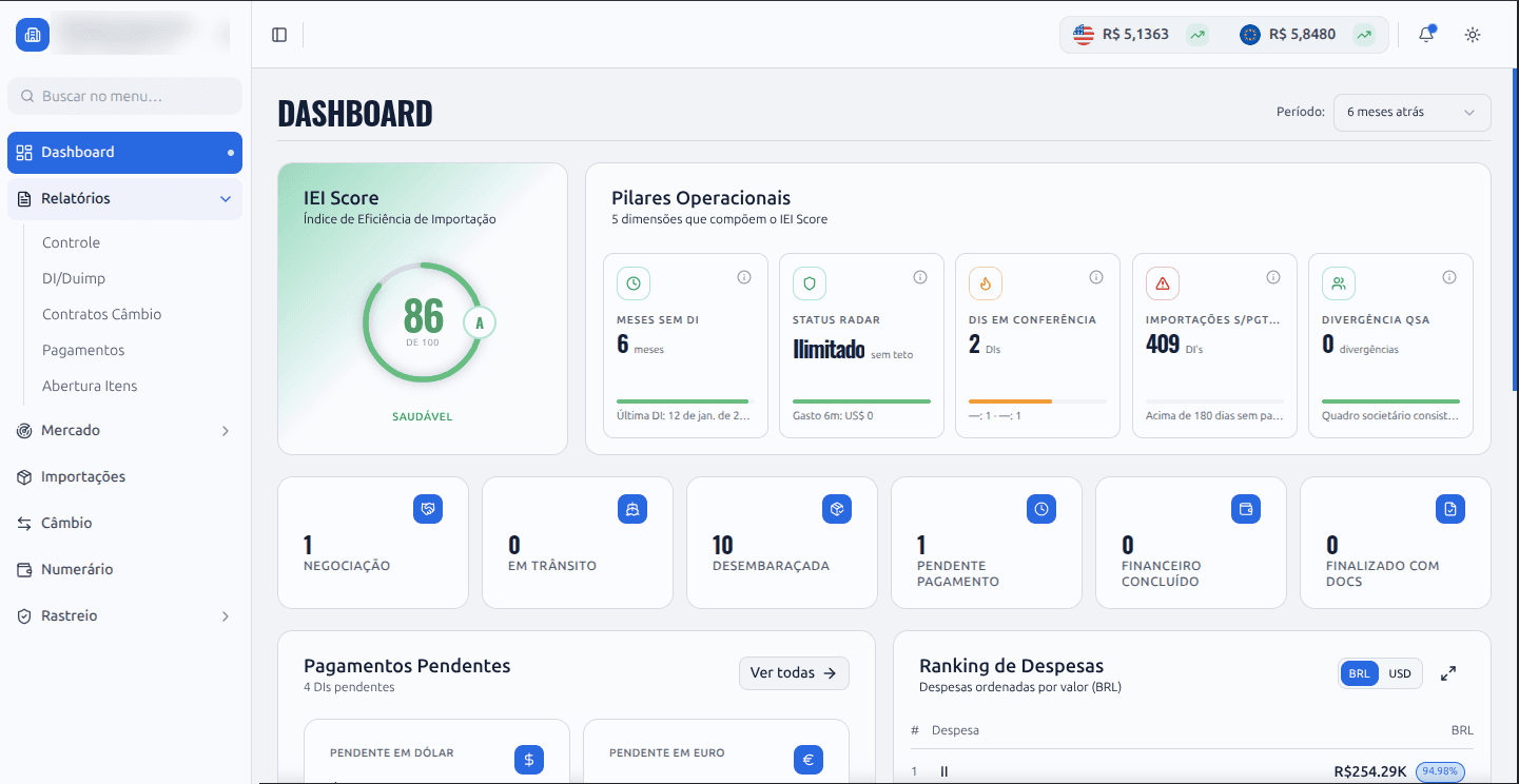 Dashboard do Vision com o menu de relatórios aberto