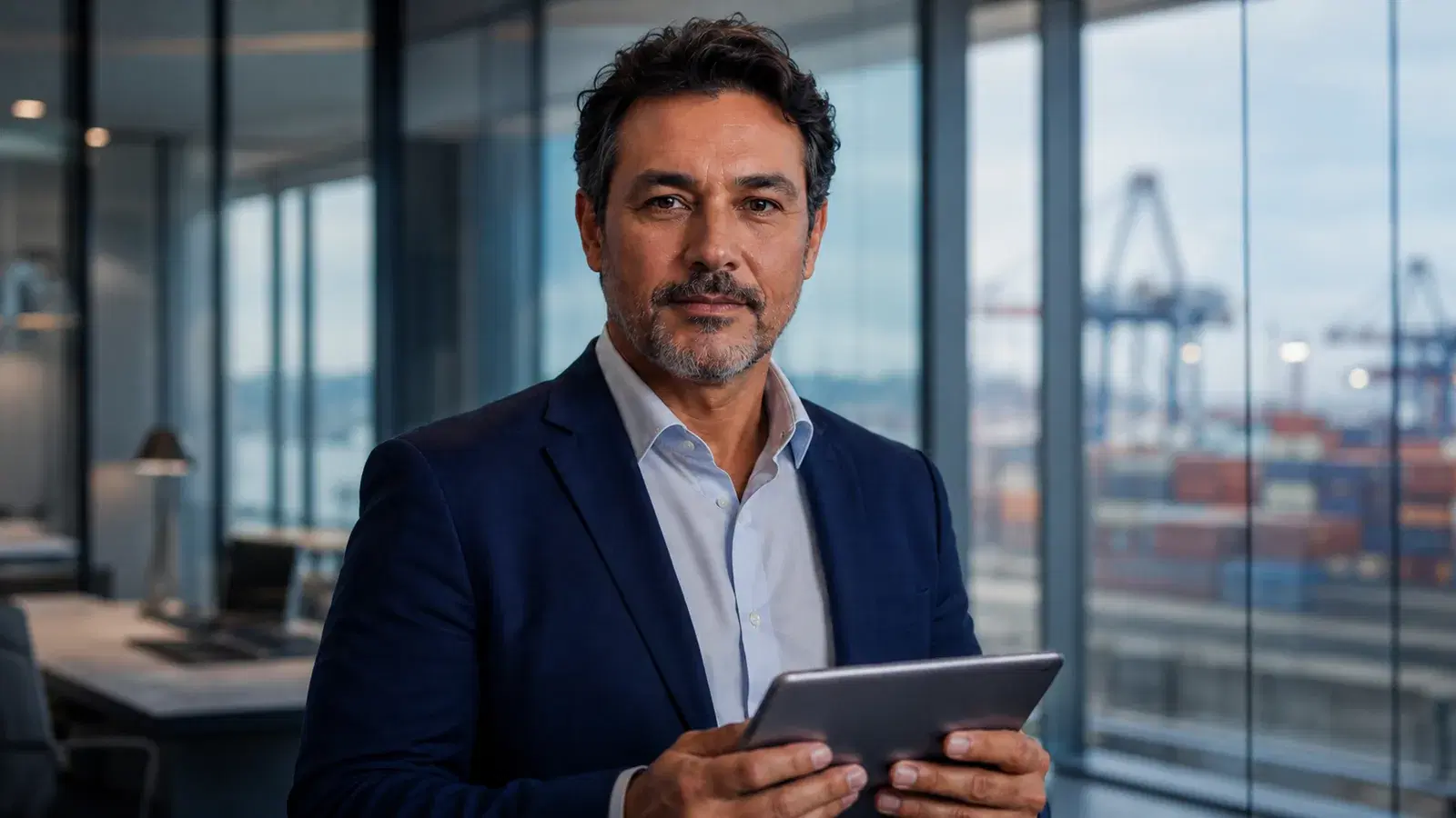Executivo com tablet em escritório com vista para o porto